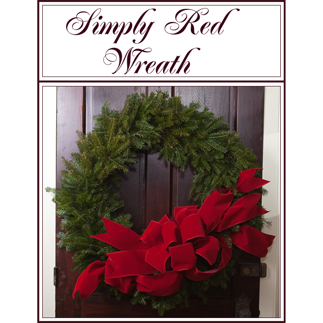 Green wreath with large red bow and “Simply Red Wreath” text above on a white background