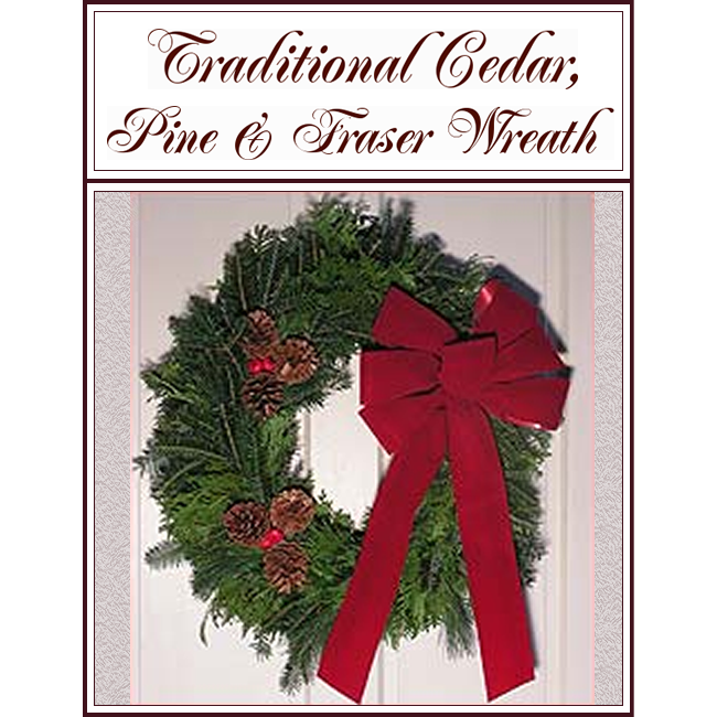 Traditional cedar, pine, and fir wreath with pinecones and a red bow on a wall background