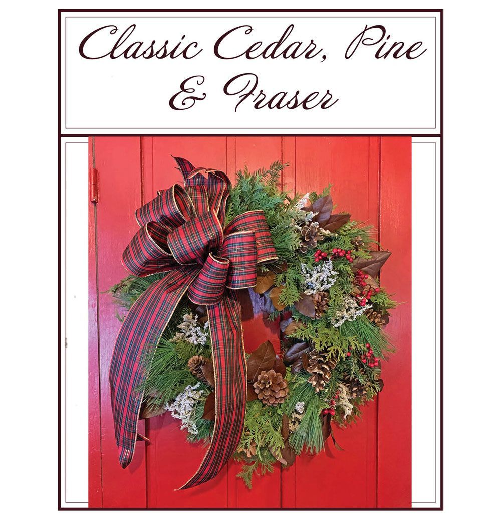 Classic Cedar, Pine & Prase wreath with plaid bow on a red door background