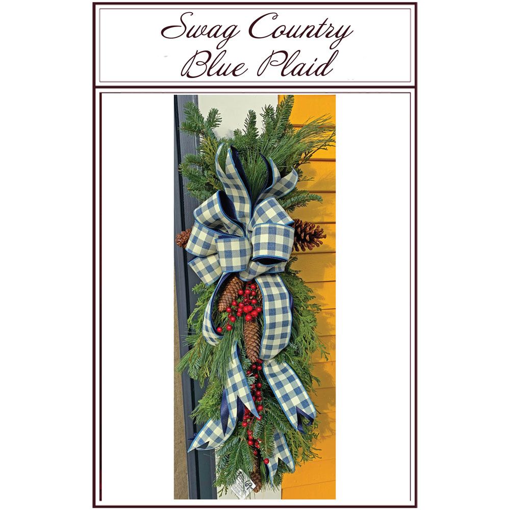 Blue plaid decorative bow with greenery and red berries on a sign reading “Swag Country Blue Plaid”