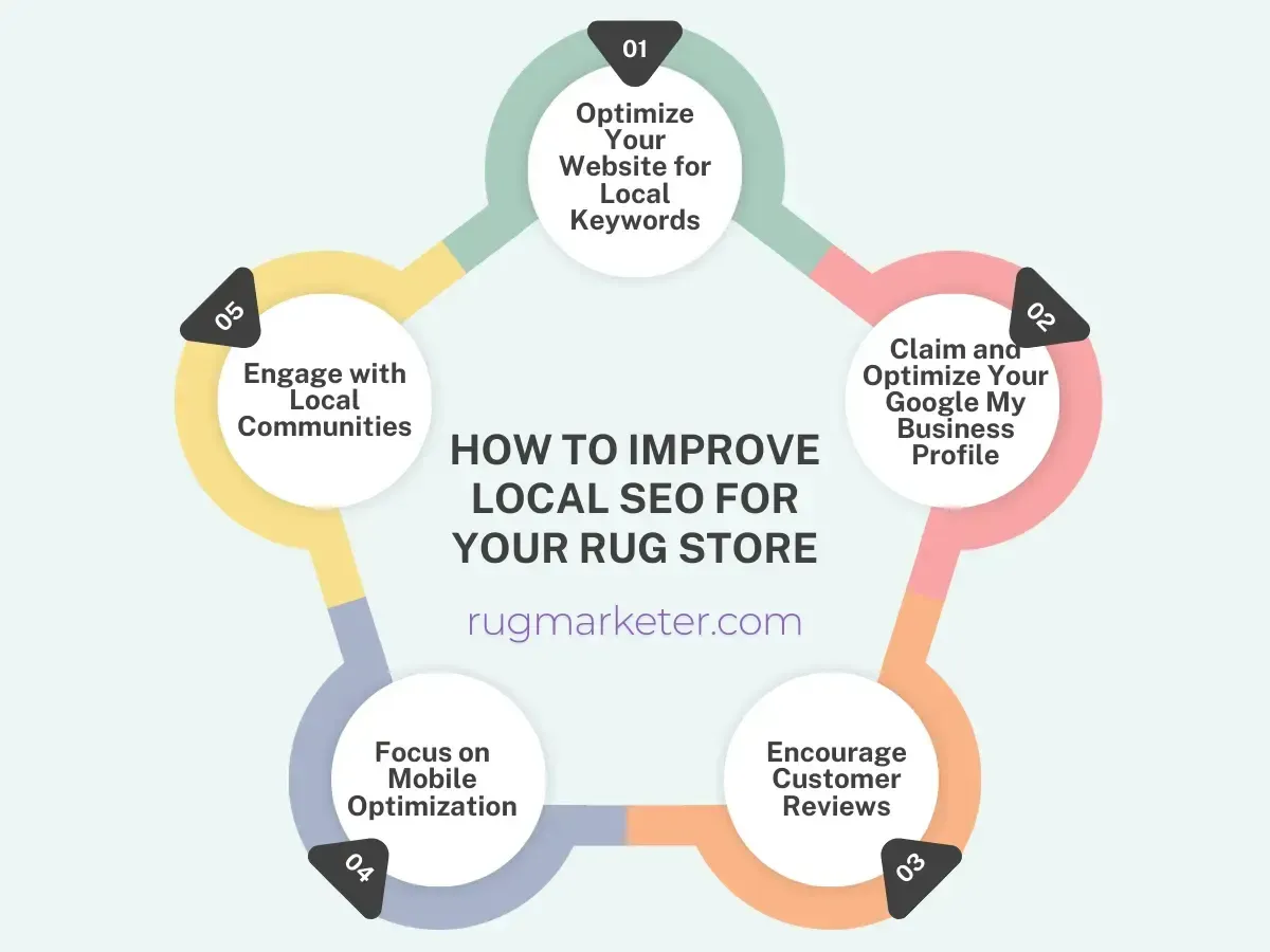 A diagram showing how to improve local seo for your rug store.