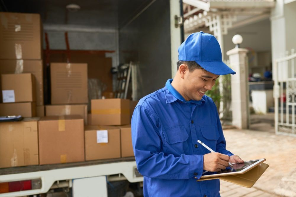 A Delivery Man Is Writing On A Clipboard In Front Of A Truck Filled With Boxes  — Greater Newcastle Removals In Rathmines, NSW