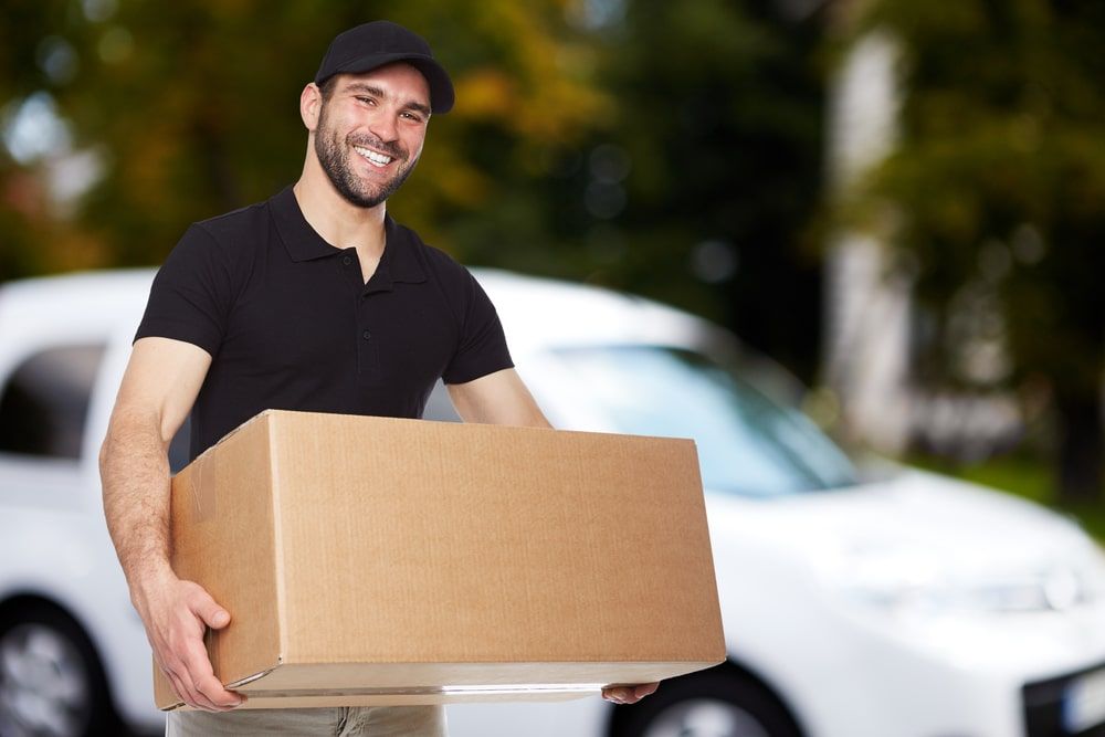 A Delivery Man Is Holding A Cardboard Box In Front Of A White Van— Greater Newcastle Removals In Lake Macquarie, NSW