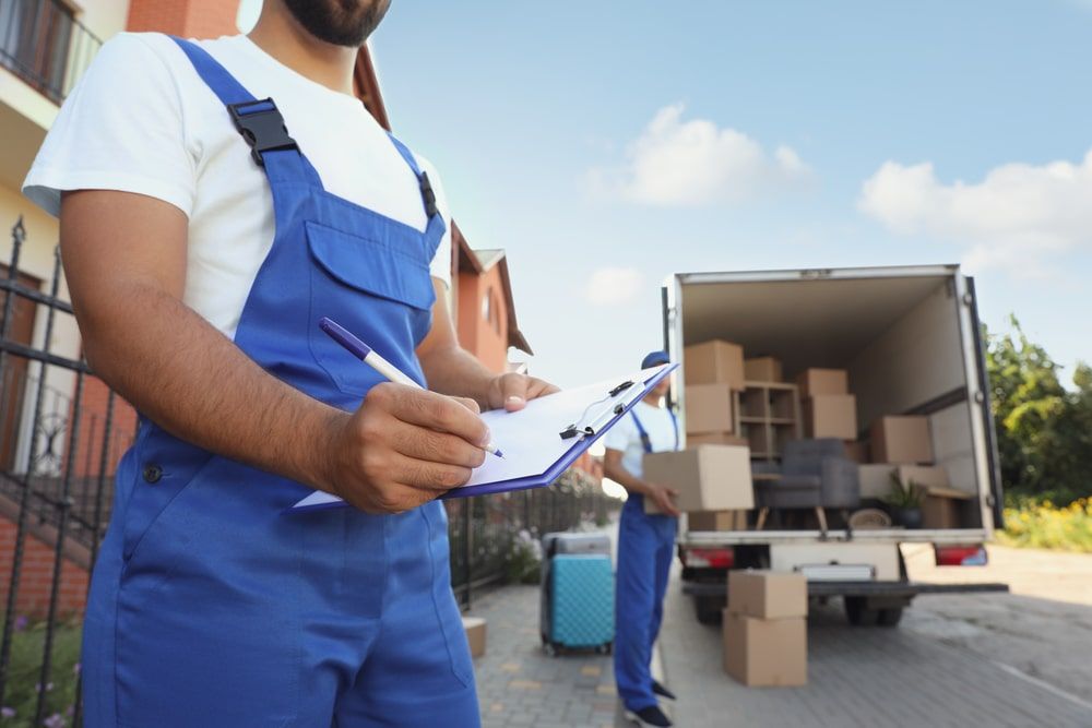 A Man In Blue Overalls Is Writing On A Clipboard In Front Of A Moving Truck — Greater Newcastle Removals In New Lambton, NSW