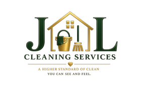 Logo for J&L Cleaning Services, featuring a house icon with cleaning supplies on a gradient gold background.