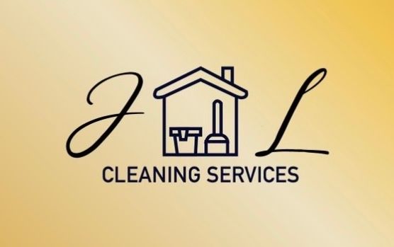 Logo for J&L Cleaning Services, featuring a house icon with cleaning supplies on a gradient gold background.