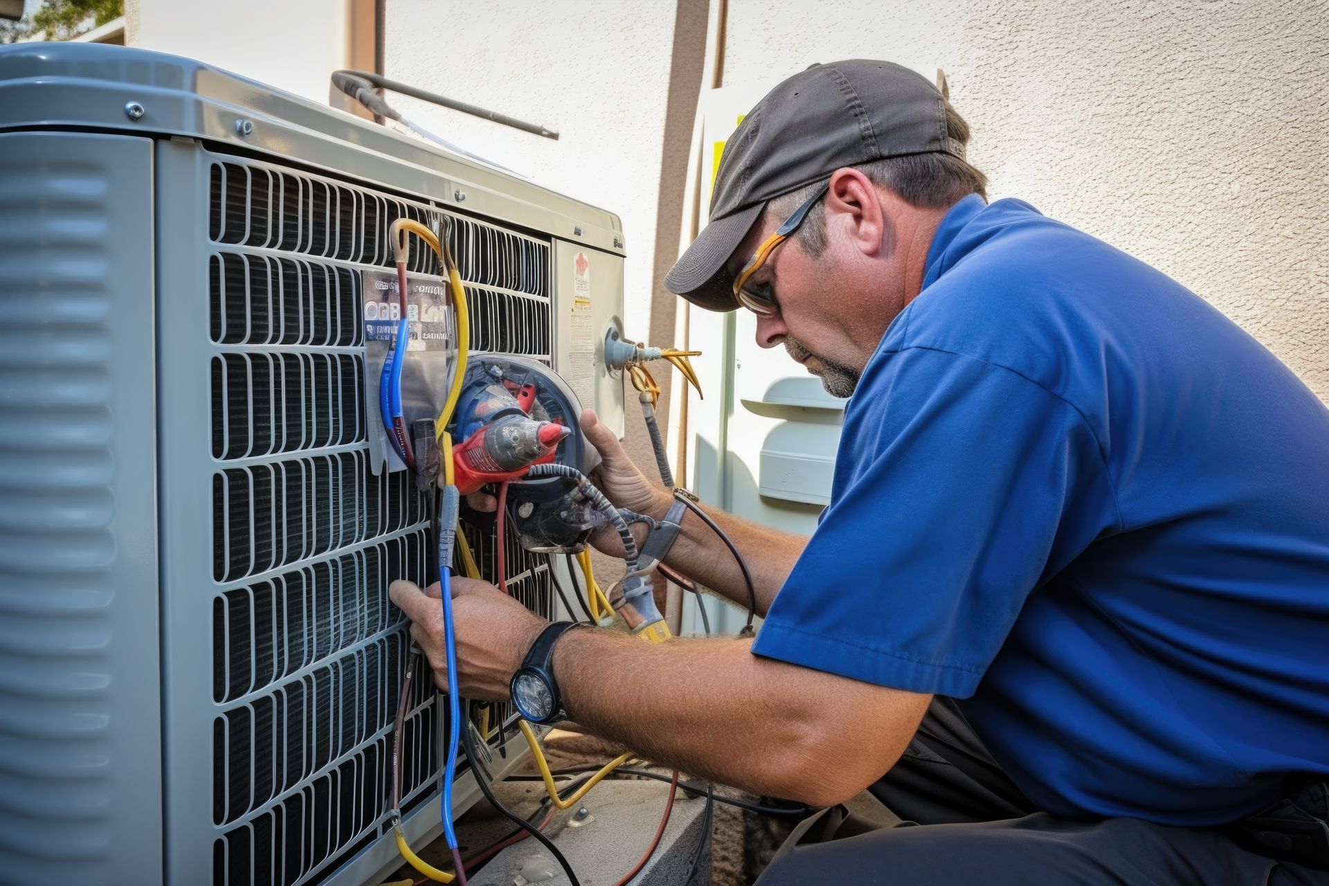 An old technician repairs a unit, illustrating professional HVAC repair services. An old technician repairs a unit, illustrating professional HVAC repair services.