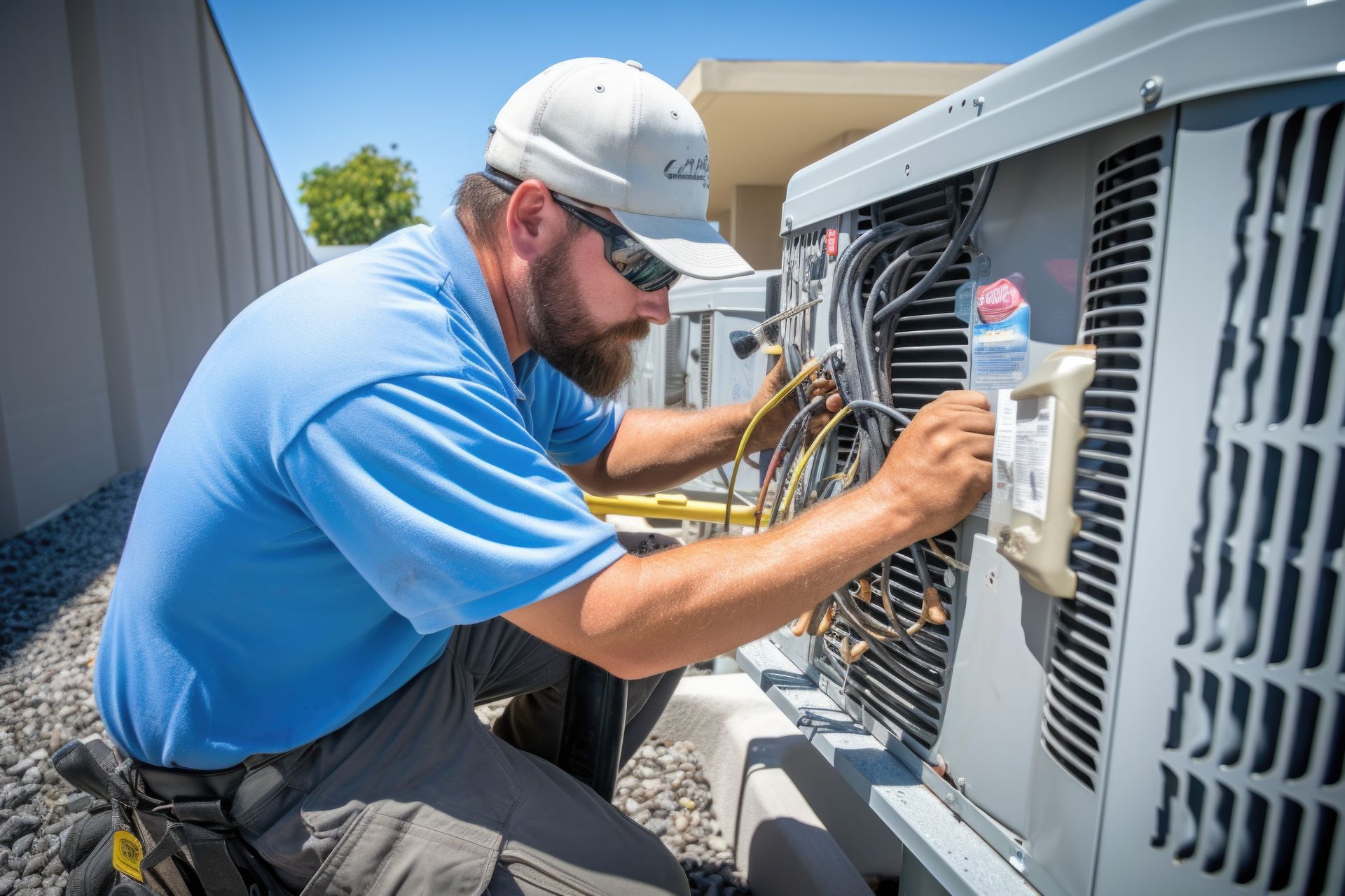 A technician repairs an HVAC unit, illustrating HVAC repair and maintenance services.