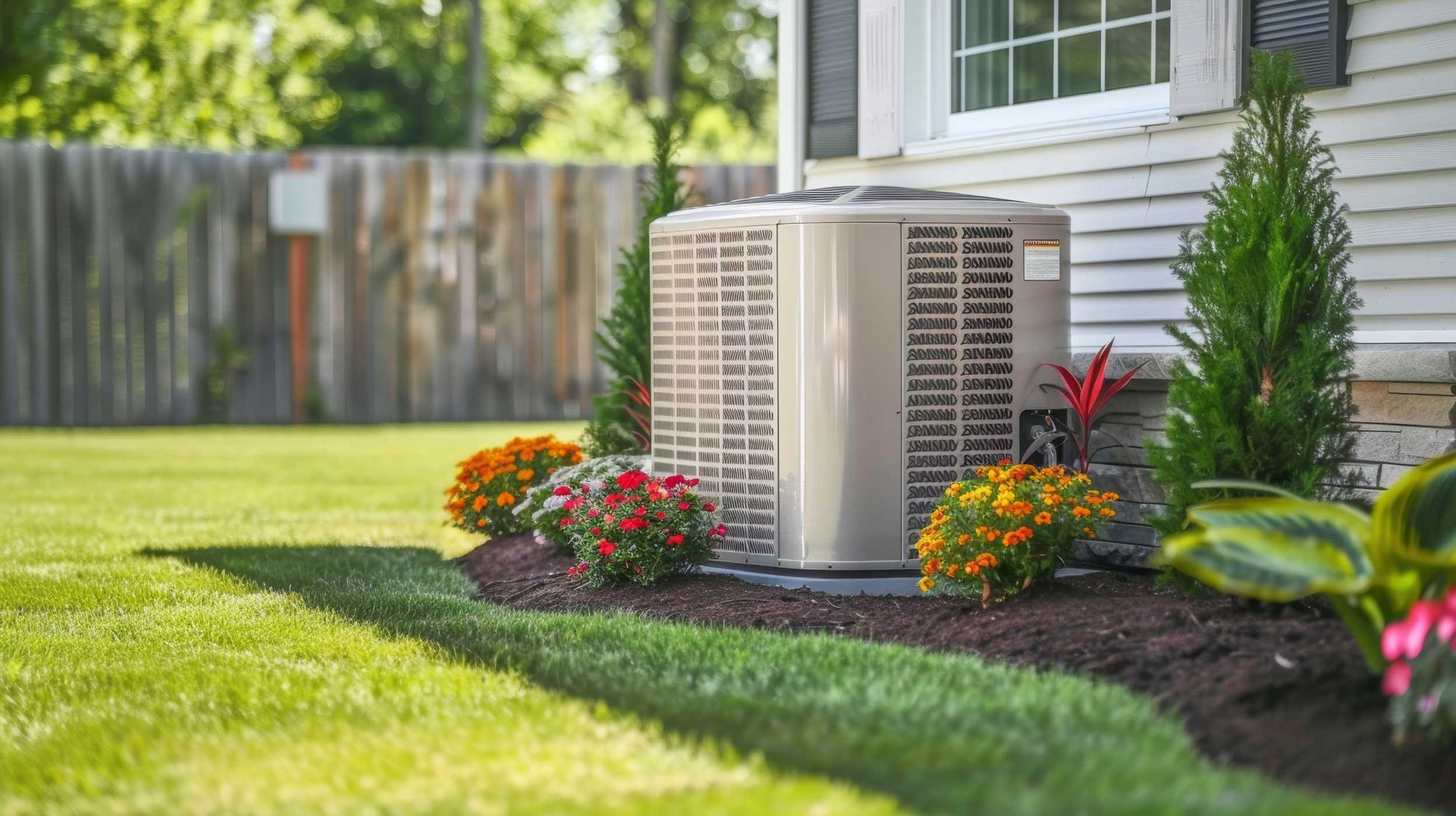 Central air conditioner beside a house with a neatly landscaped lawn and flower beds.
