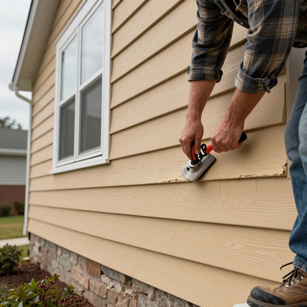 Person using a hand plane on beige vinyl siding beside a window and brick foundation.