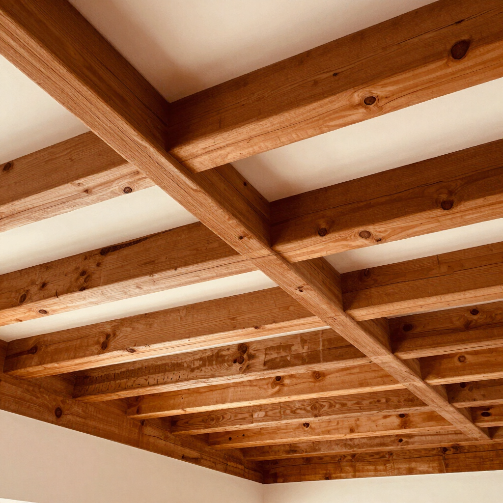 Wooden ceiling beams with visible joists and white ceiling panels underneath