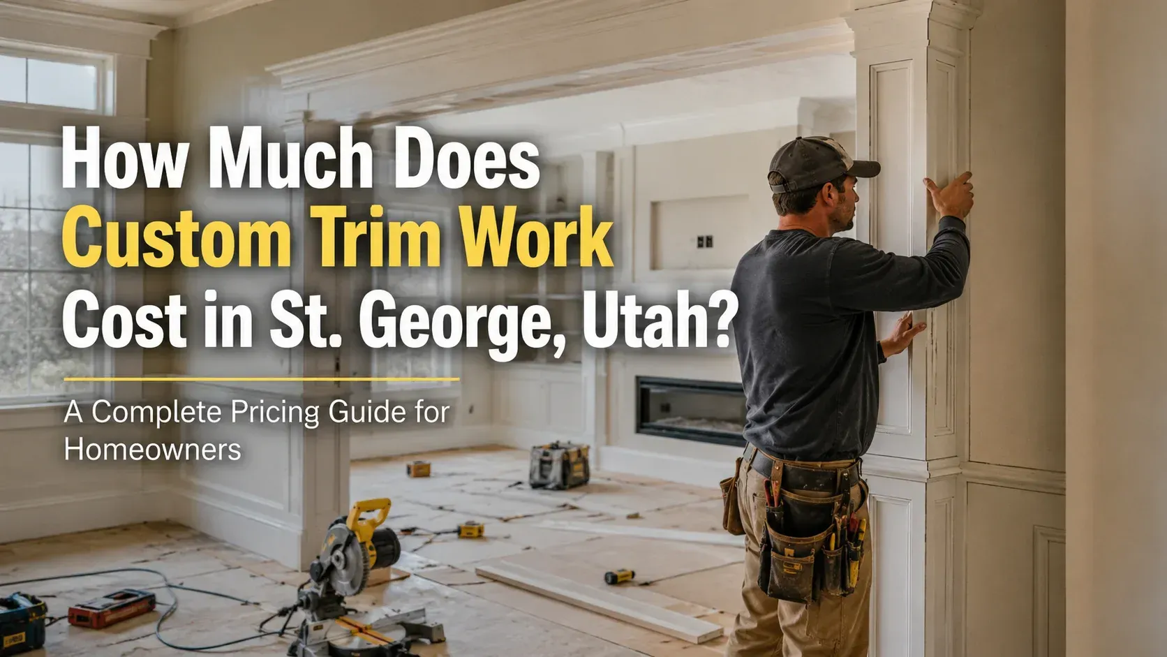 A professional finish carpenter on-site next to a miter saw and trim boards, planning installation to determine how much does custom trim work cost for a home renovation.