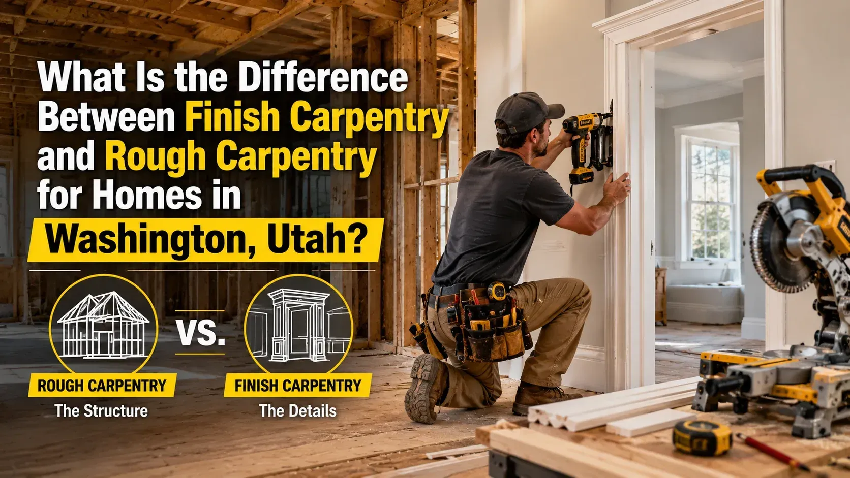 A professional finish carpenter using a nail gun to install interior door casing next to a miter saw on a job site, highlighting what is the difference between finish carpentry and rough carpentry.