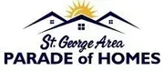 Logo for St. George Area Parade of Homes, with houses and a sun, in black, white, and gold.