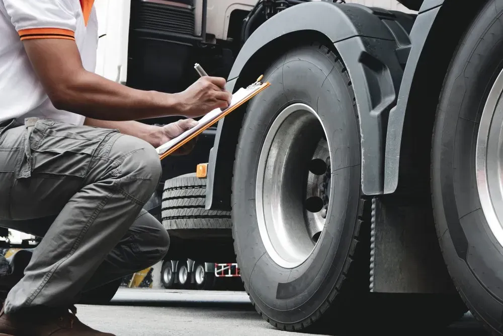 Person Inspecting Truck Tires, Writing on a Clipboard — Advanced Auto Electrics & Mechanical in Innisfail, QLD