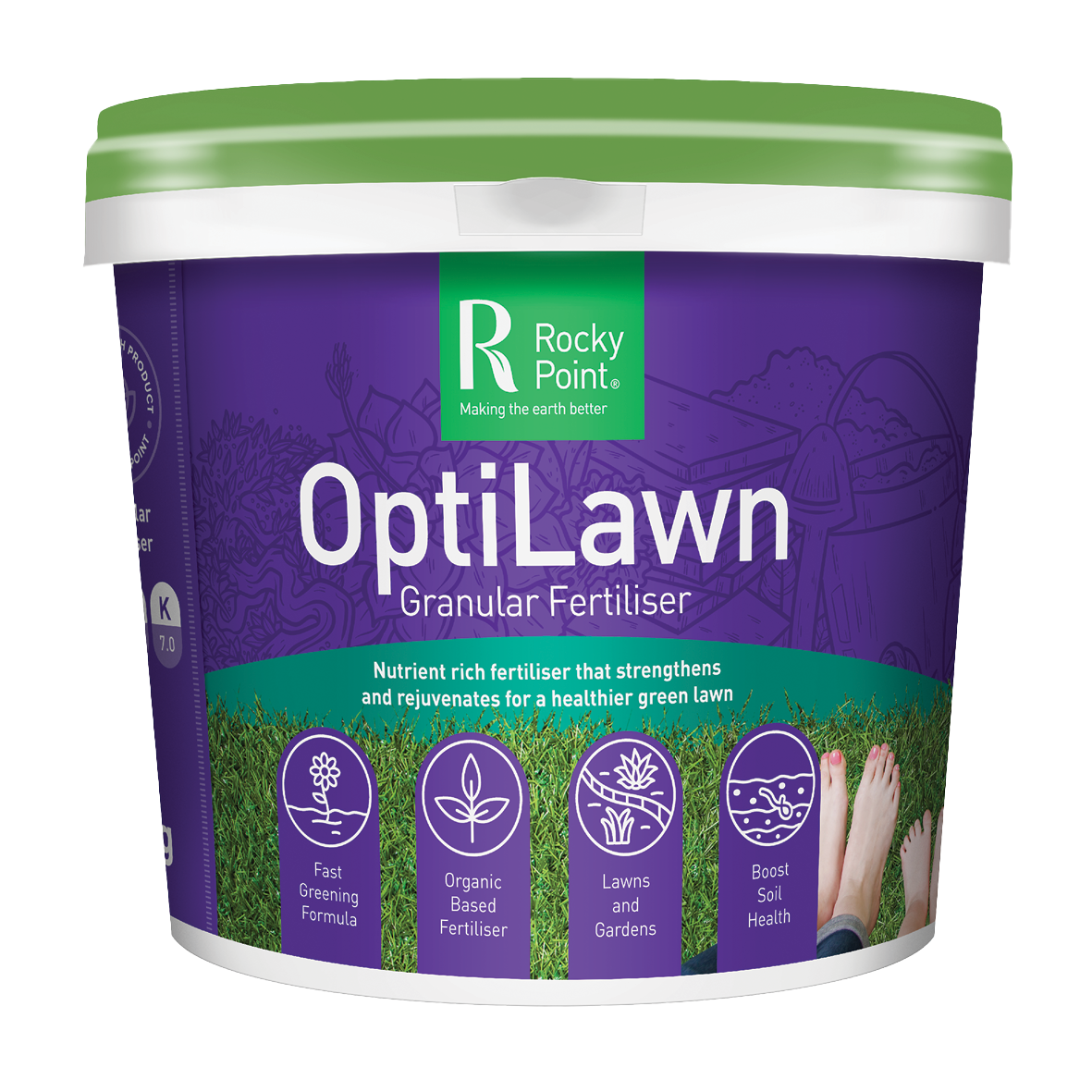 Buckets of Optilawn Are Stacked on Top of Each Other 