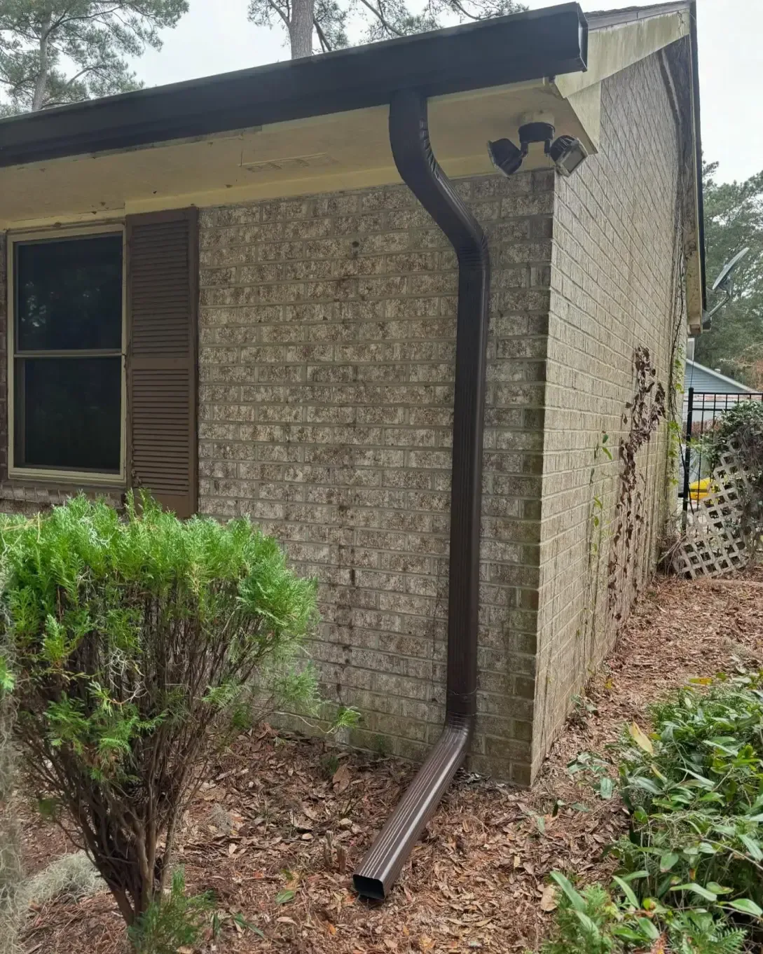 A brown metal downspout runs down the side of a light-colored brick house next to a small green shrub.