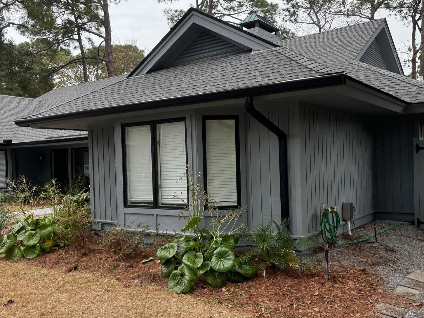 A gray wood-paneled single-story house with a shingled roof, black window frames, and landscaping in the front yard.