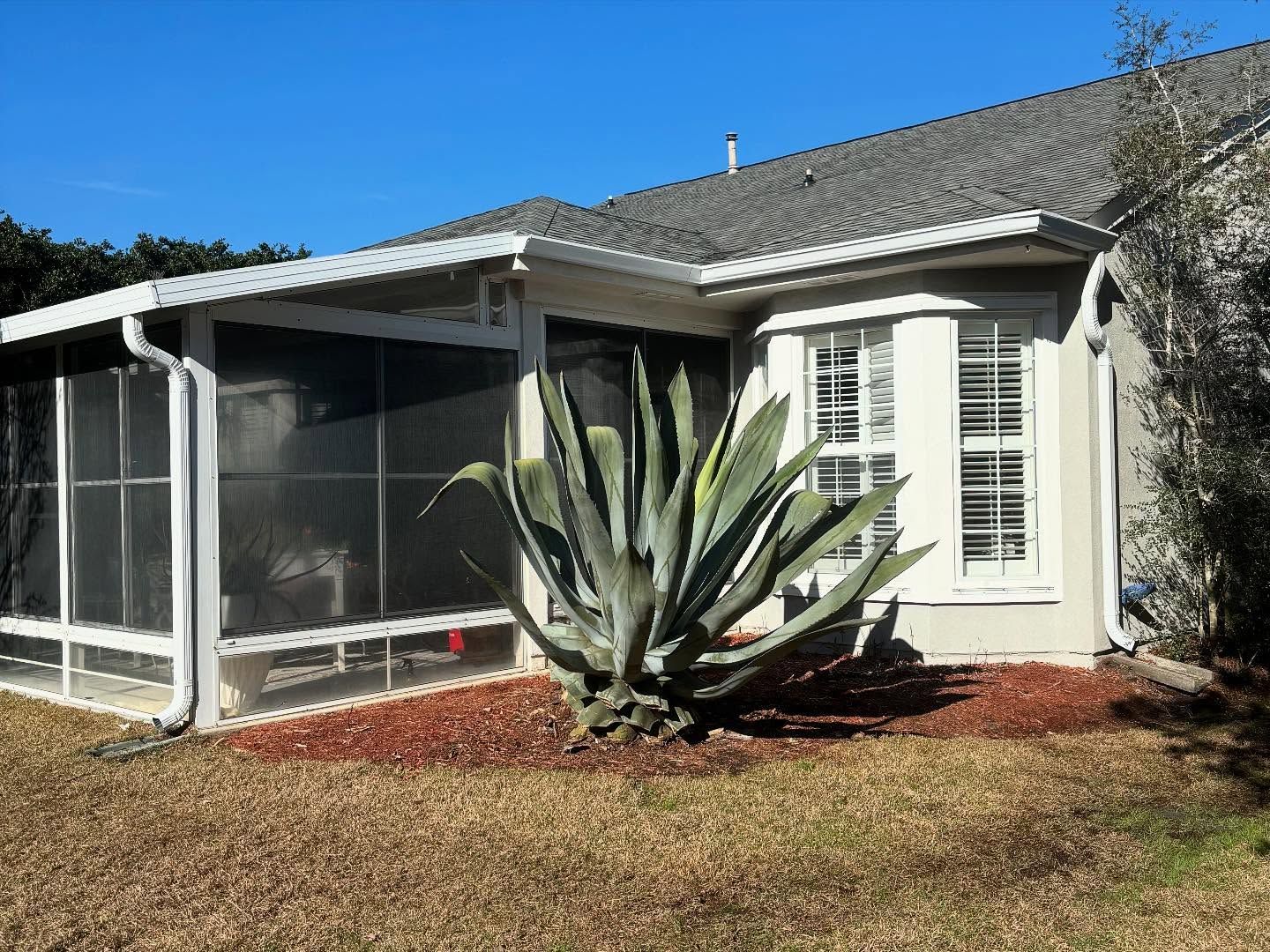 A large agave plant sits in a mulch bed outside the corner of a house with a screened-in porch and white-trimmed windows.