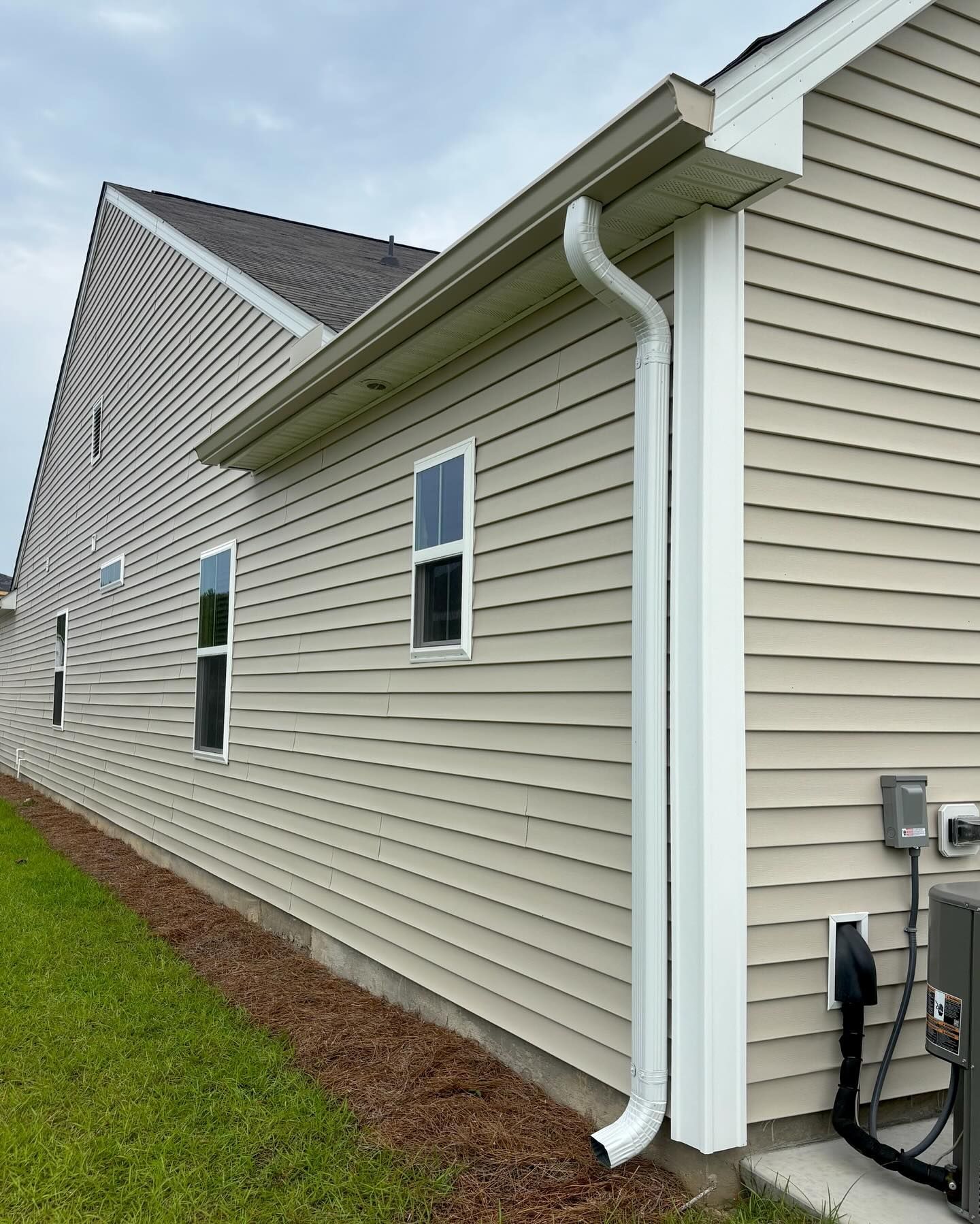 A tan-sided house exterior with a white downspout, white trim, two windows, and a brown roof above a pine straw mulch bed.