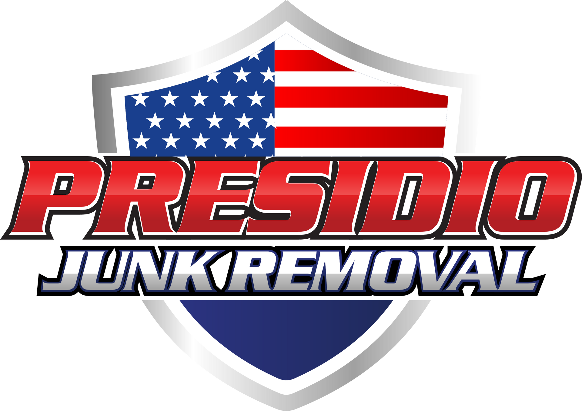 The logo for presidio junk removal has an american flag on it.