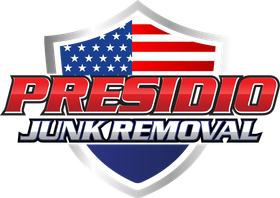 The logo for presidio junk removal has an american flag on it.