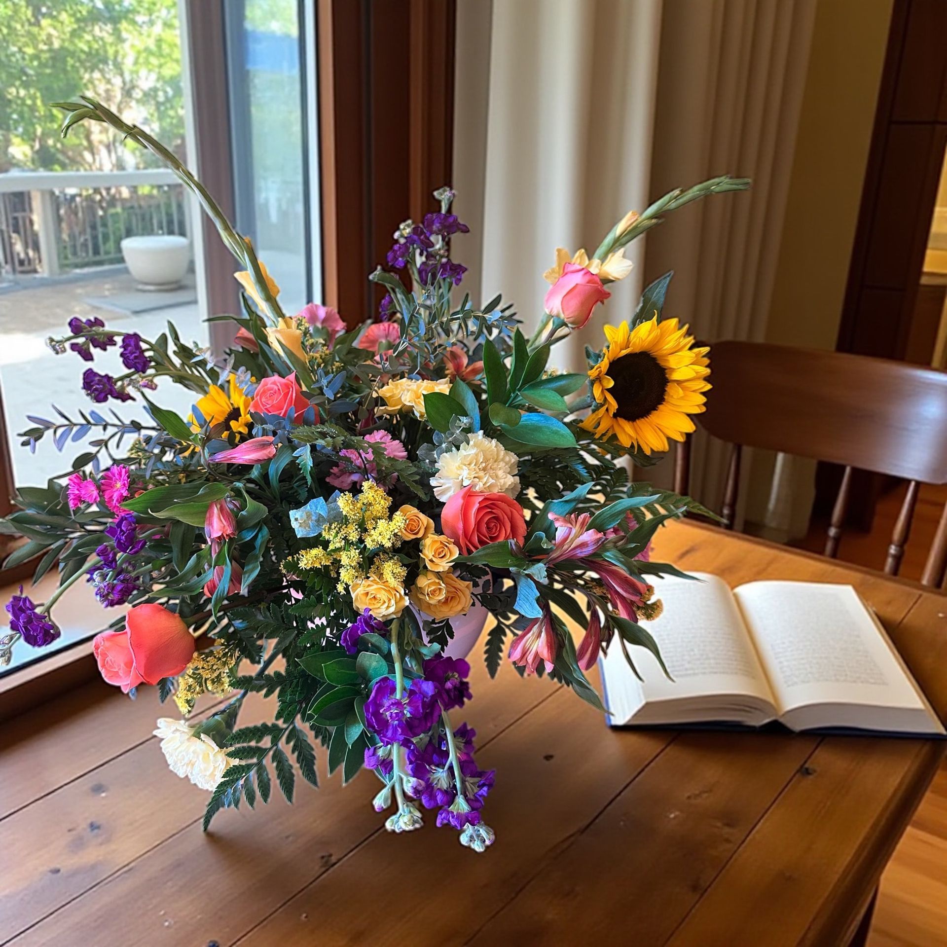 Colorful flower arrangement on a wooden table, next to an open book. Sunlight streams in from window.