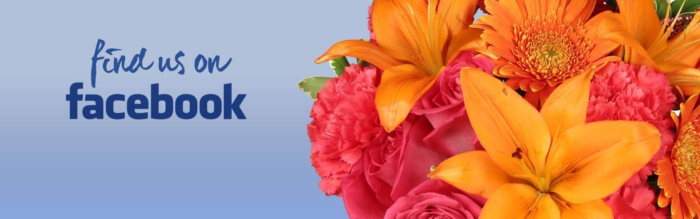 Text 'find us on Facebook' with a vibrant flower bouquet in the background.