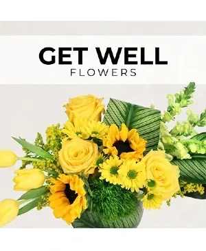 Yellow flowers, including roses and sunflowers, in a vase with 'Get Well Flowers' text.