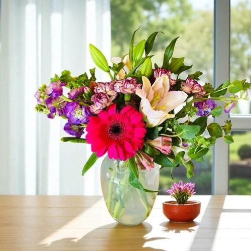 Vase of vibrant flowers, including a pink gerbera daisy, on a wooden table near a window.