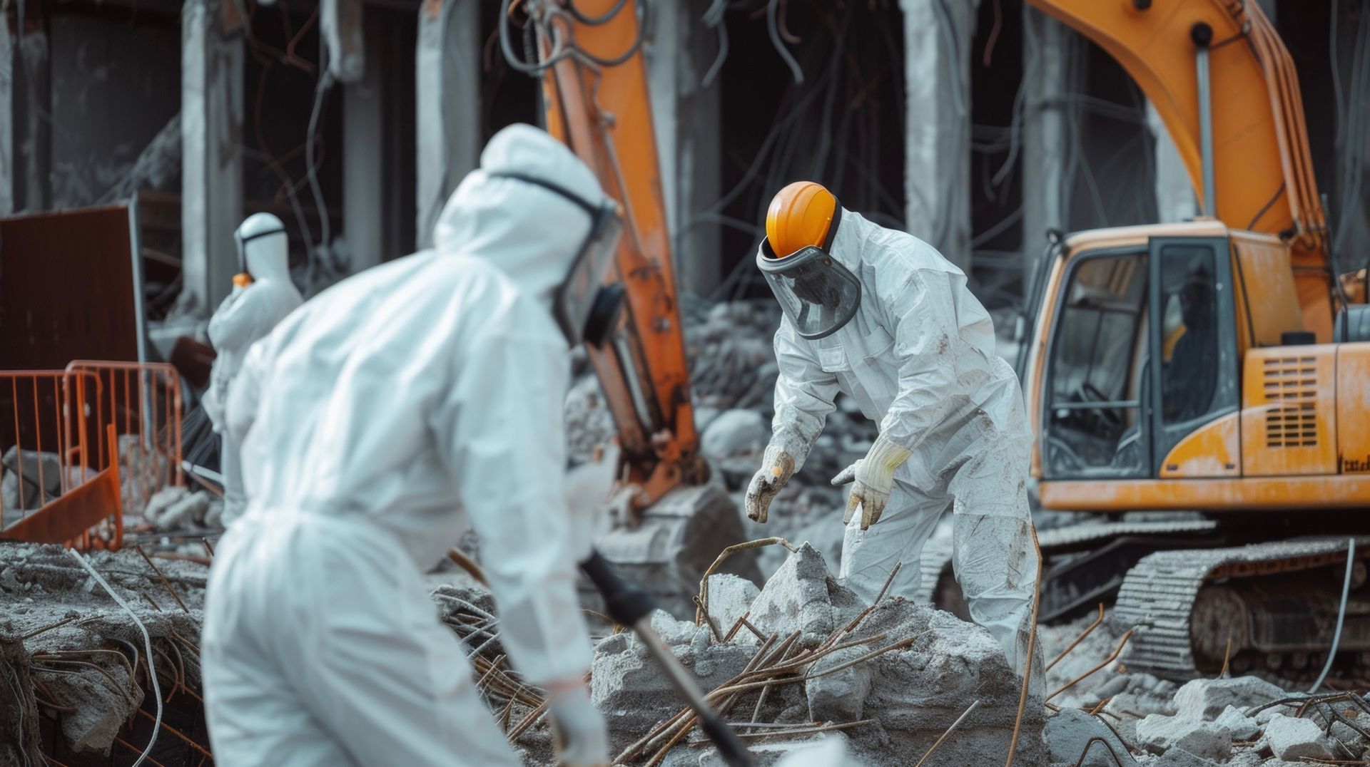 A group of people in protective suits are working on a construction site.