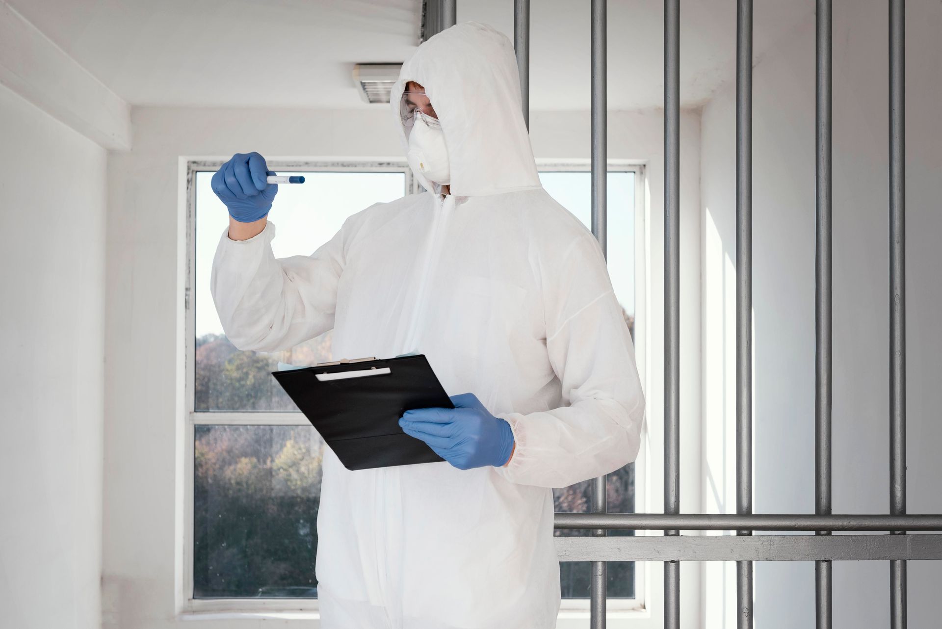 A man in a protective suit is holding a clipboard and a pen.