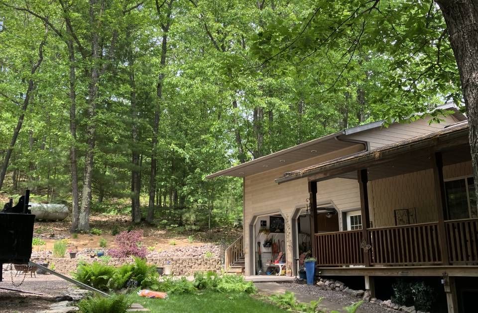 A house with a porch in the middle of a forest.