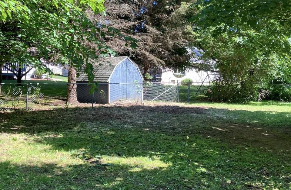 A greenhouse is behind a chain link fence in a backyard.