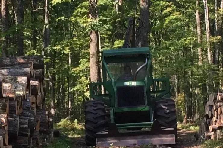 A green tractor is driving through a forest.