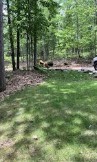A truck is parked in the grass in the middle of a forest.
