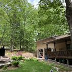 A house with a porch in the middle of a forest surrounded by trees.