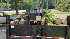 A dumpster filled with logs and a machine is parked next to a car.