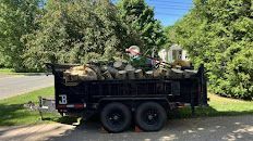A dumpster filled with logs is parked in a driveway.