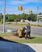 A man is using a machine to remove a tree stump.