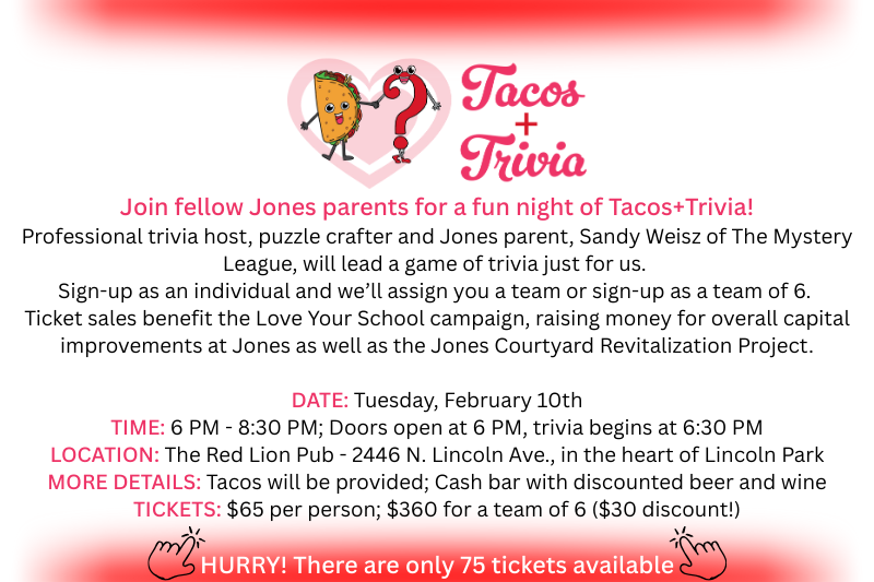 Pink Tacos + Trivia fundraiser flyer with event details and “Hurry! Only 75 tickets available” note