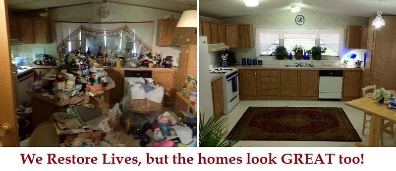 A before and after picture of a kitchen that says we restore lives but the homes look great too.