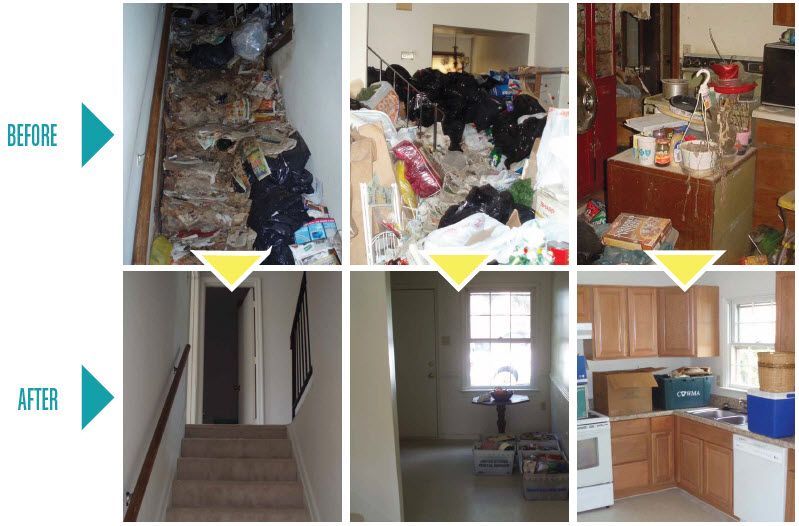 A before and after photo of a messy hallway and kitchen