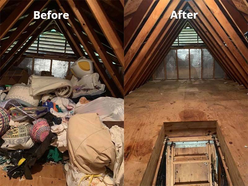 A before and after photo of an attic with a ladder.