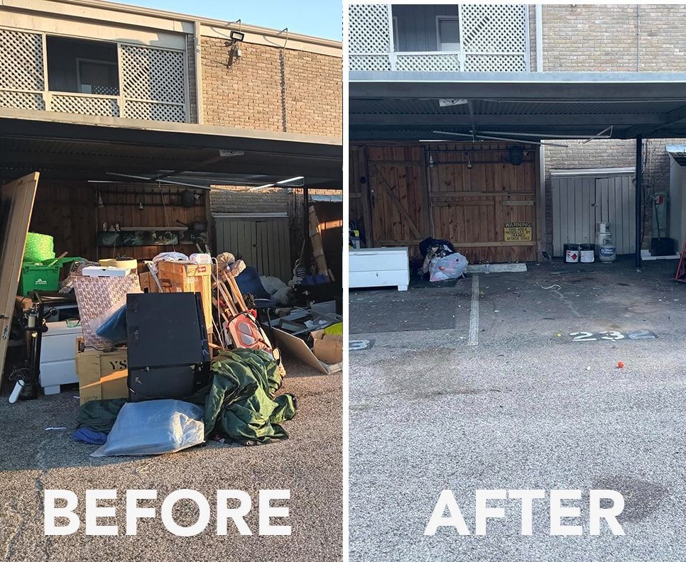 A before and after picture of a garage filled with junk.