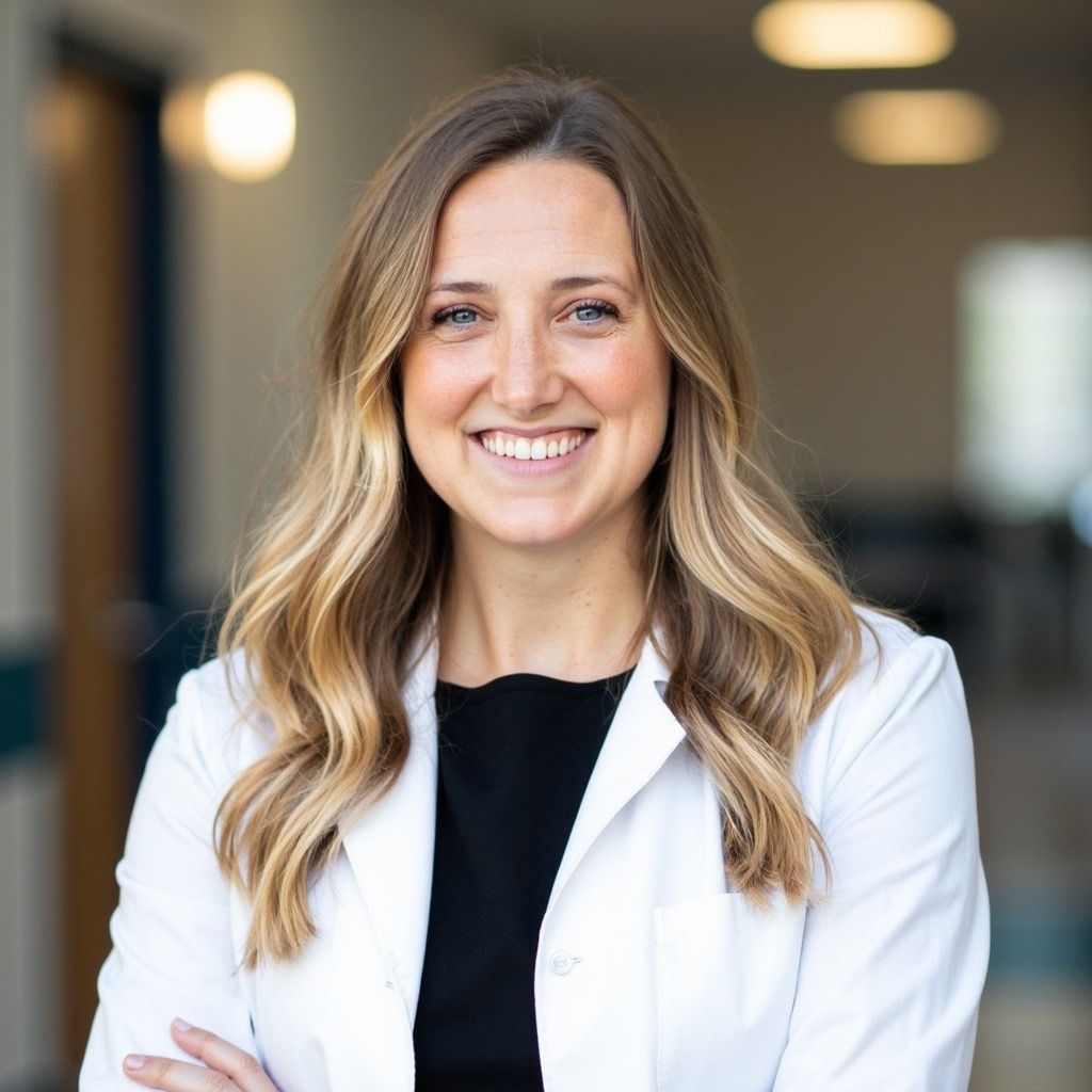 Woman with blonde hair smiling, wearing a black shirt, in a hallway with soft lighting.