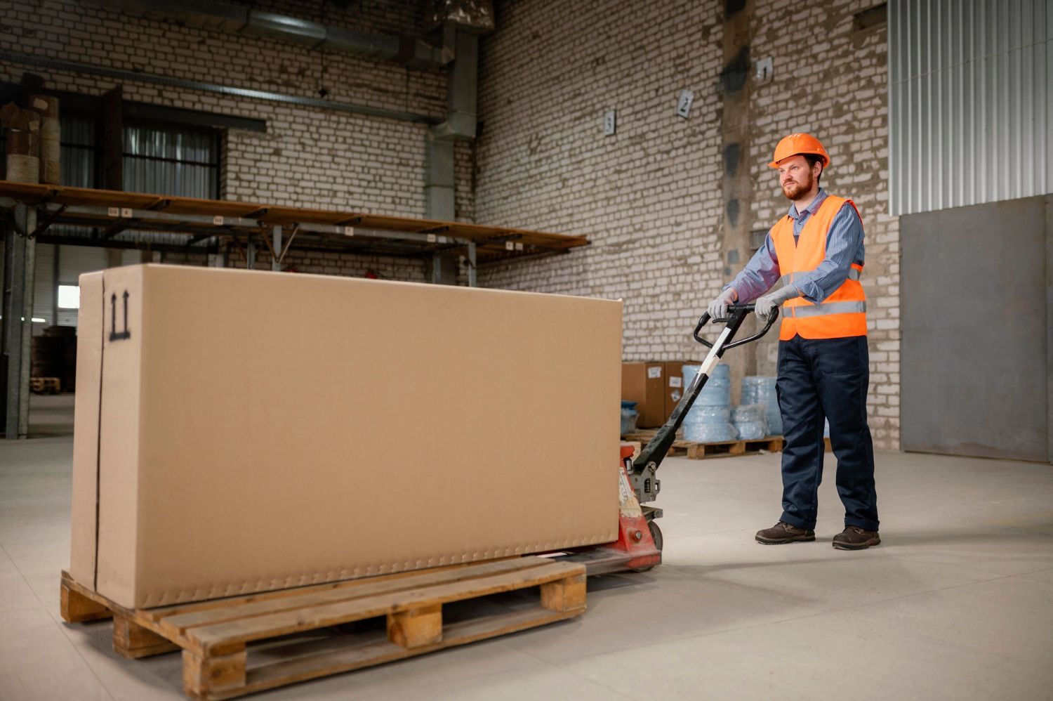 Warehouse worker using a pallet jack to move a large cardboard box on a wooden pallet; inside a warehouse.