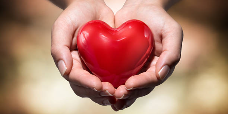 Hands cupped around a red heart.