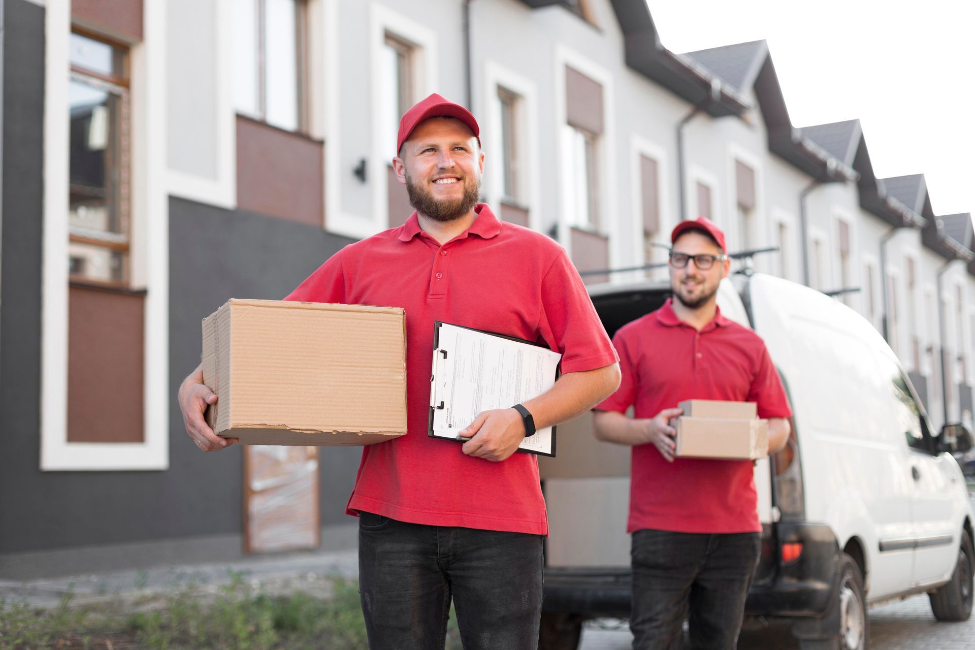 Two delivery men are carrying boxes and a clipboard in front of a van.