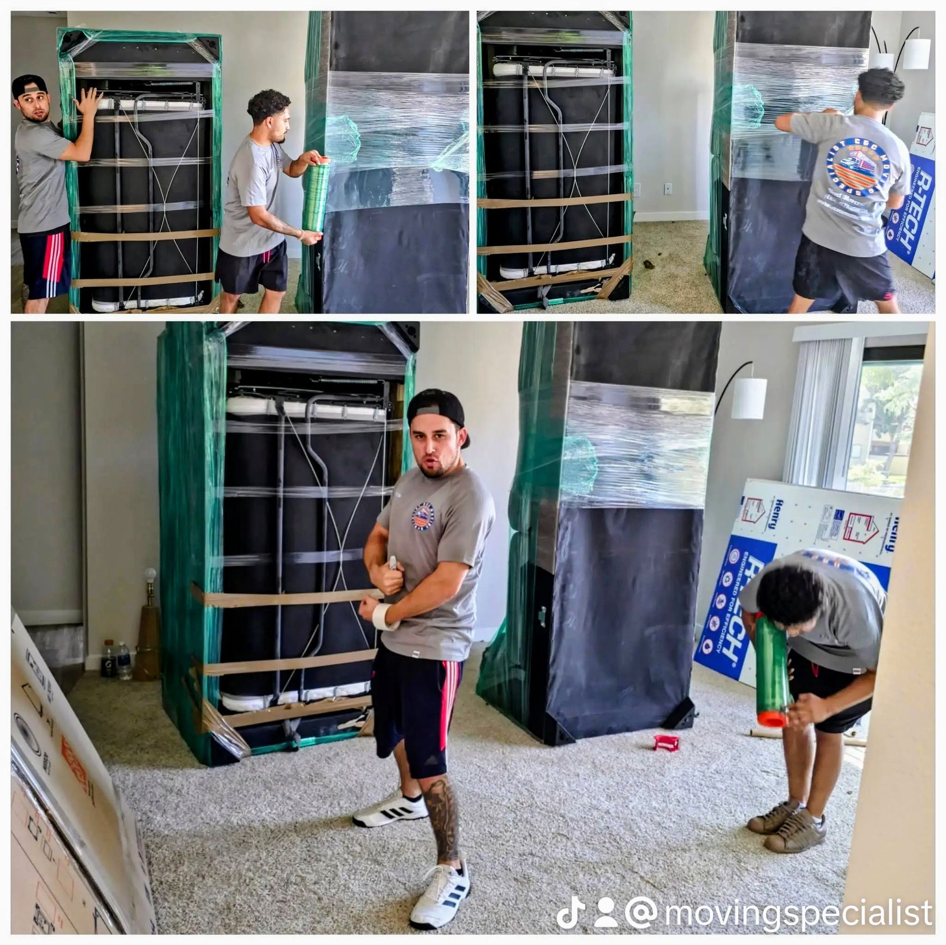 A man is wrapping a bed in plastic wrap in a room.